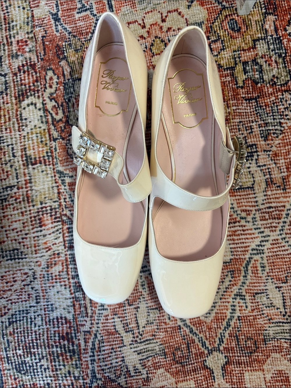 Roger Vivier Cream Patent Mary Jane Flats with Crystal Buckle
